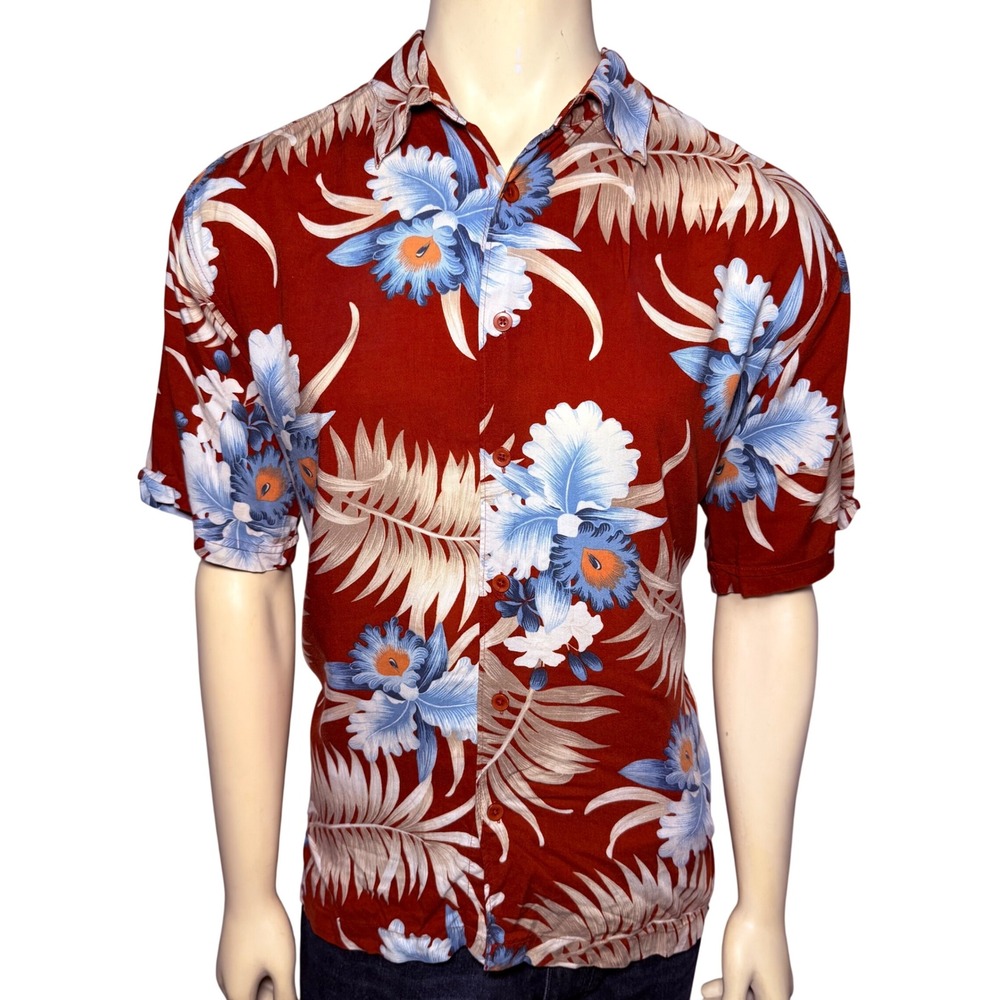 Cubavera Mens Large Rust Red Tropical‎ Floral Viscose Rayon Short Sleeve Shirt